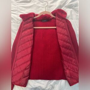 Creazioni Effeci Zip Quilted Sweater Jacket Womens S Red Faux Fur Collar